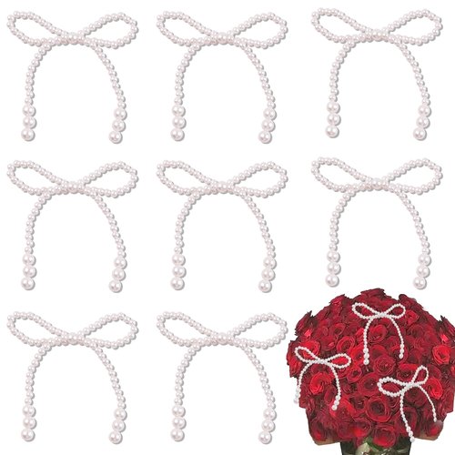 8PCS Pearl Bow Decoration for Bouquets Pearl Bow Cake Decor Topper Beaded Bridal Shower Decoration for Wedding Bridal Shower Birthday Wrapper