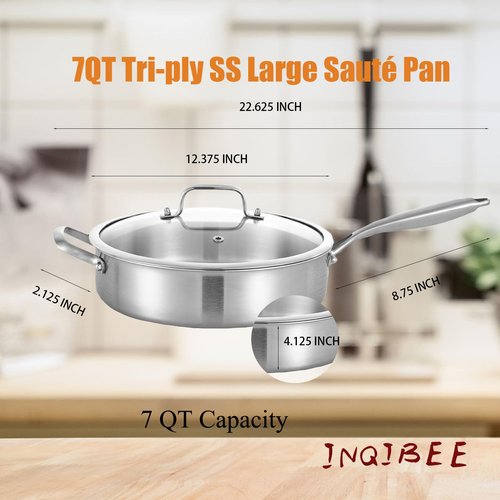 Inqibee Stainless Steel Saute Pan with Lid, 7 QT 12 Inch Tri-Ply Stainless Steel Deep Frying Pan, Large Skillet, Induction Compatible, All Cooktops, Oven & Dishwasher Safe