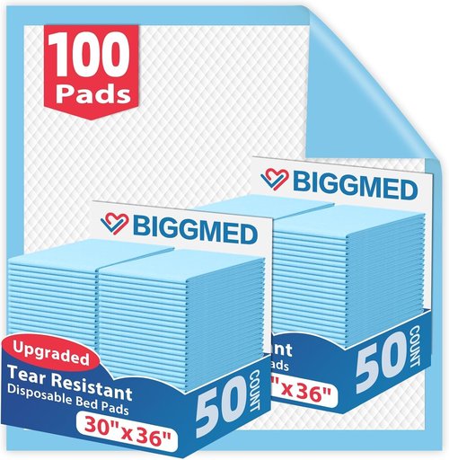 BIGGMED Tear-Resistant Disposable Bed Pads - 30" x 36" | 100 Count Absorbent Underpads for Adults, Kids, Pets