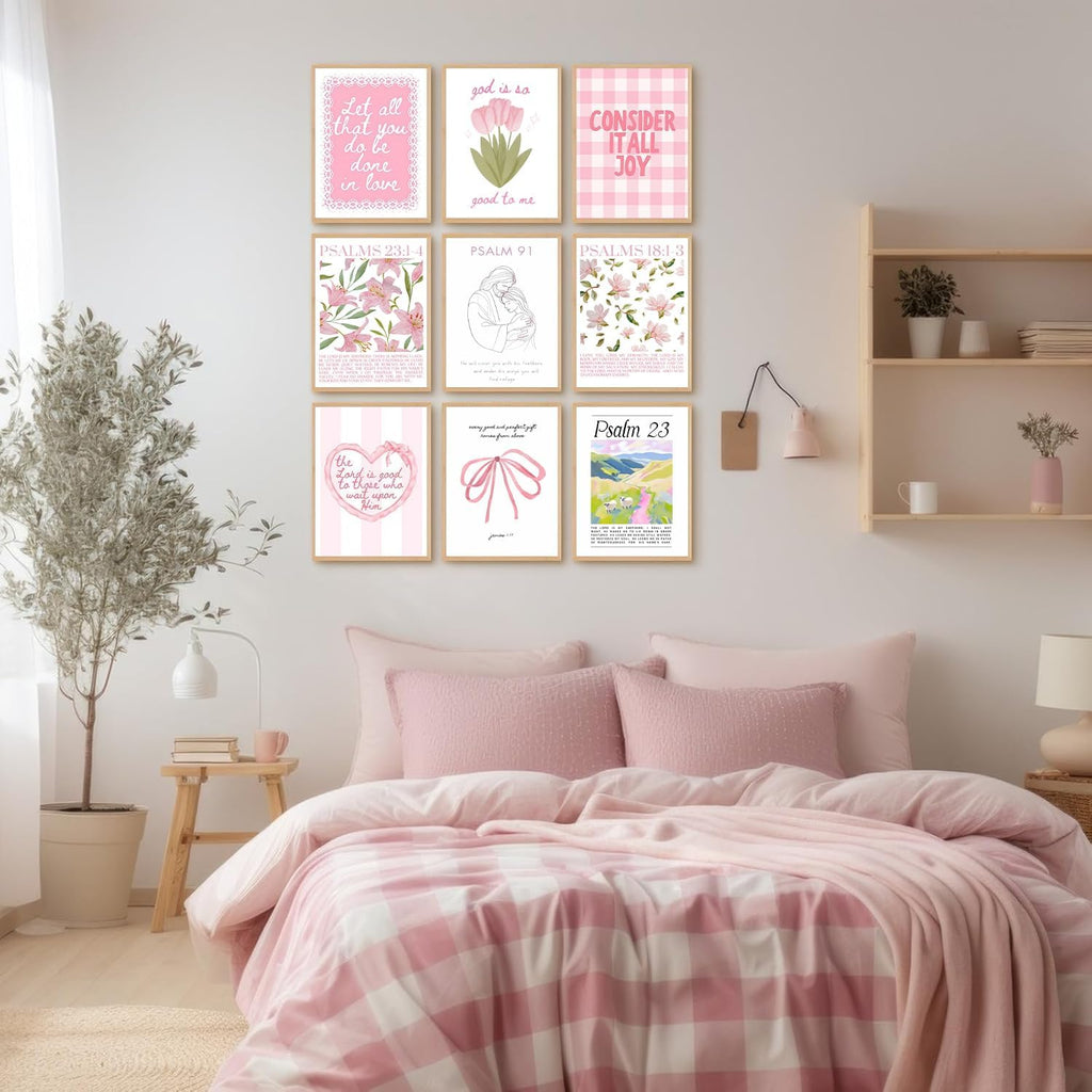 Skiennix 9-Piece Pink Christian Wall Art Set - Trendy Bible Verse Prints for Girls' Rooms | 8x10 Inch Decor