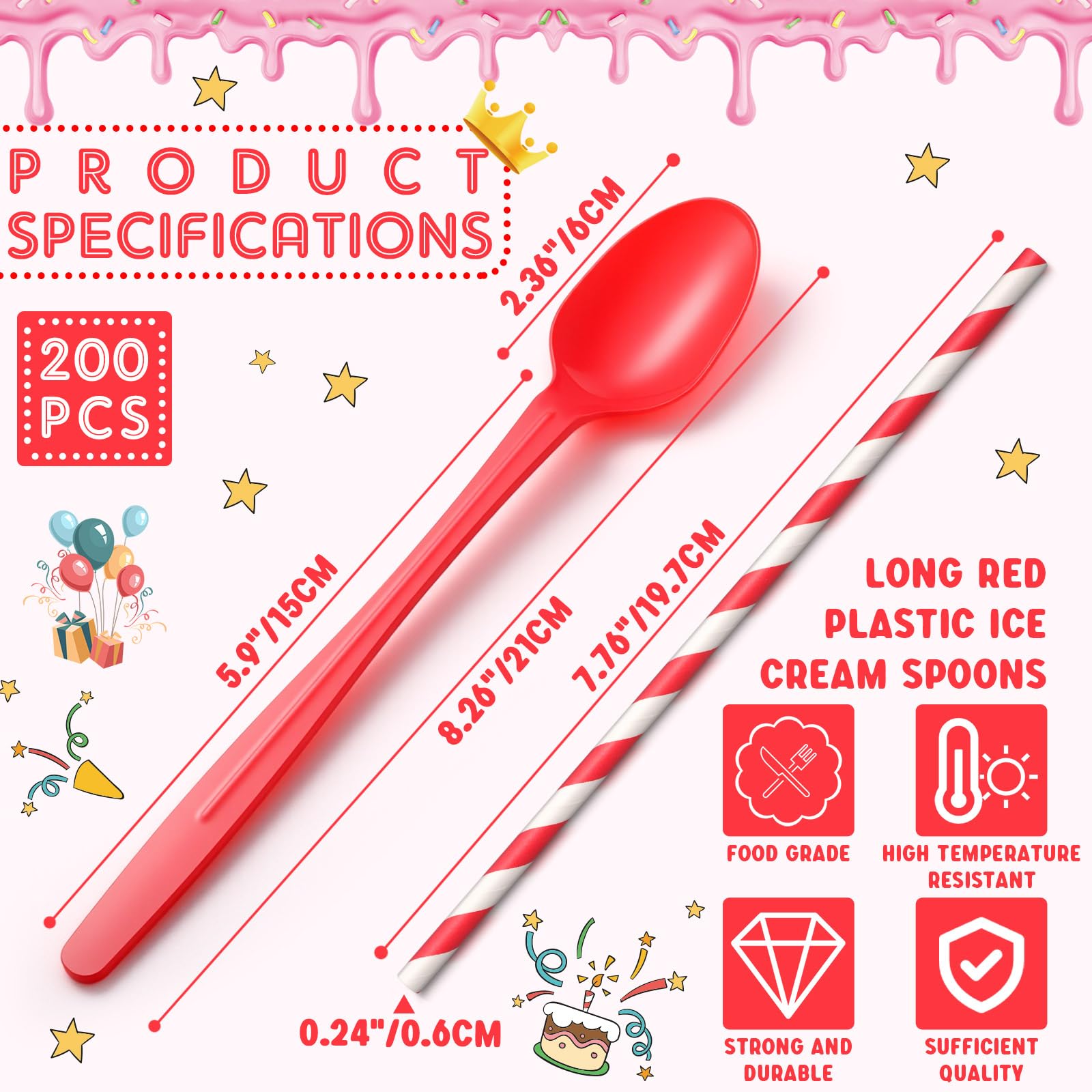 Potchen 100 Sets/200 Pcs 8.27 Inch Sundae Spoons and Red Paper Straws Heavy Duty Plastic Utensils Party Supply for Ice Cream,Milkshakes,Stirring Cocktails and Tall Ice Beverages
