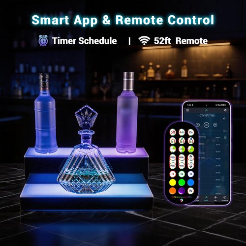 GOH&FTY Smart RGBIC Bottom Glow LED Liquor Bottle Display Shelf - 16-Inch 2-Tier Bar Shelf with App & Remote Control, 366 Modes Music Sync for Home Bar Man Cave Decor, Gifts for Men