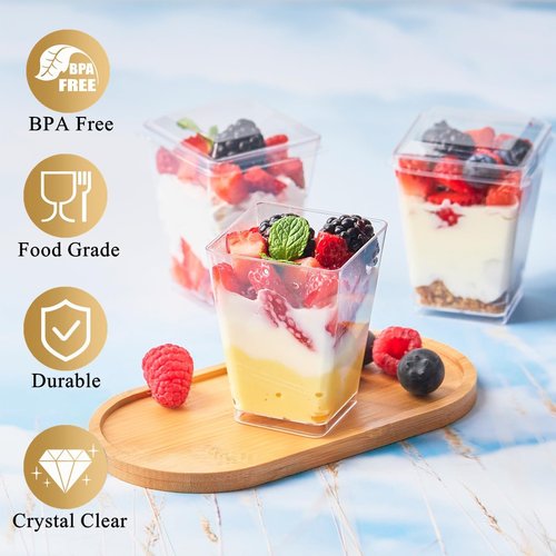 TOFLEN 25 Pack 5 oz Plastic Dessert Cups with Lids for Party, Mini Dessert Cups with Spoons Dessert Shooter Cups for Yogurt Parfait, Appetizer, Pudding, Fruit and Ice Cream