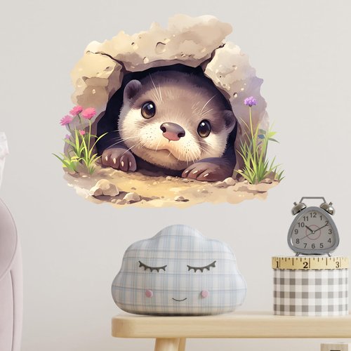 RoyoLam Cute Otter in a Hole with Florets Wall Decal Nursery Animal Wall Sticker Removable Peel and Stick Wall Art Decor for Kid Baby Classroom Preschool Living Room Playroom Bedroom School