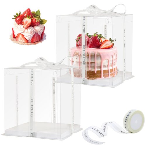 CHENZEM 8Pcs Tall Cake Boxes Clear Box with Ribbon, 8x8x9 inch, for 6" cajas para pasteles Tiered Cakes,Transport Gift Boxes for Wedding Valentine'Day and Gift Display. (Clear, 8 * 8 * 9 inch/8pcs)