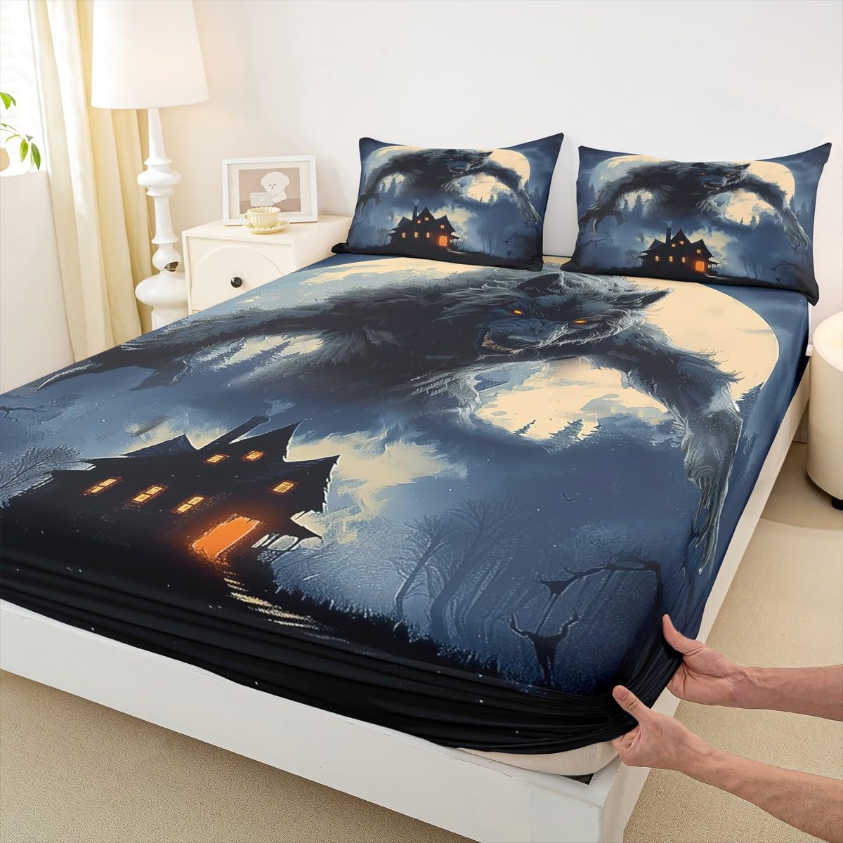 Howling Wolf Fitted Sheet Queen (No Flat Sheet),Gothic Castle Bedding Set Kids Boys Teens Men Room Decor,Western Moon Night Werewolf Bed Sheets Horror Wild Animals Deep Pocket Sheet,2 Pillowcases