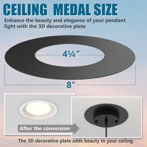 gezee 5/6 inch Recessed Can Light Conversion Kit, for Ceiling Light Fixture, Pendant Light, Hanging Light, Ceiling Fan, with 7¾ Beveled & Flat, Steel,Medallion, Black Finish