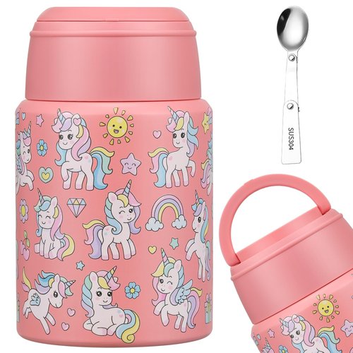 Aimsnk 17oz Soup Thermo for Hot Food Kids Insulated Food Jar,Thermo Hot Food Lunch Container, Width Mouth Stainless Steel Lunch Box for Kids with Handle Folding Spoon (Pink-Unicorn)