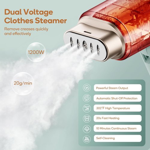 Newbealer Travel Steamer for Clothes - Dual Voltage 100-240V, 1200W, Quick 20s Heat-Up, Foldable, 180ml (Green)