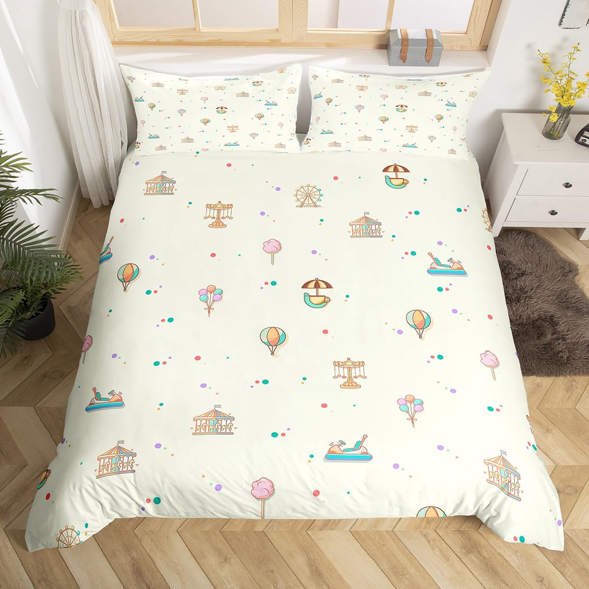 Kid Amusement Park Duvet Cover Twin Size,Hot Air Balloon and Carousel Bedding Set with 1 Pillowcase,Child Theme Comforter Cover for Teens Boys Girls Room Decor,Soft Quilt Cover