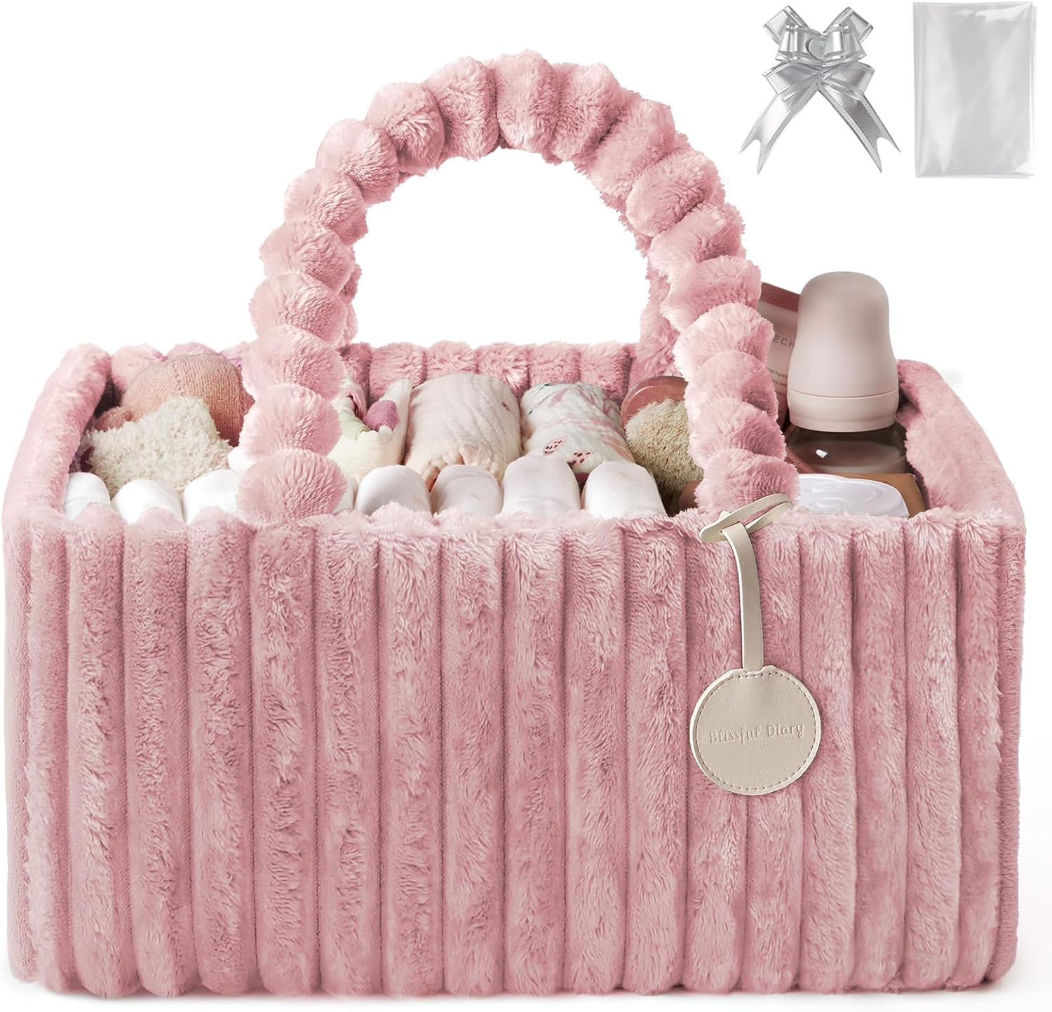 Blissful Diary Flannel Diaper Caddy Organizer - Cozy Nursery Storage Basket in Blush Pink | Perfect Baby Shower Gift