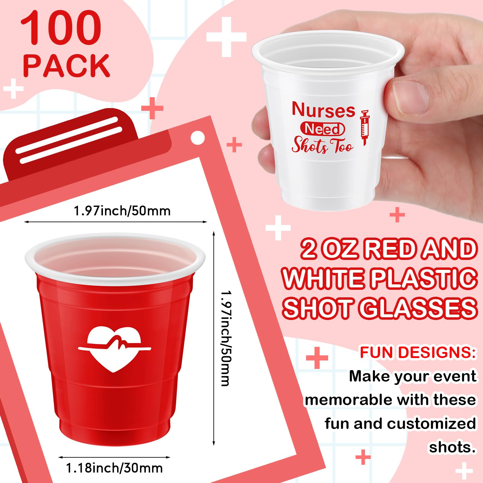 Lounsweer 100 Pcs Nurses Need Shots Too Mini Plastic Shot Glasses Nurse's Day 2 oz Small Plastic Cups Disposable Shot Cups for Nurse Birthday School Graduation Party Favors, Red, White