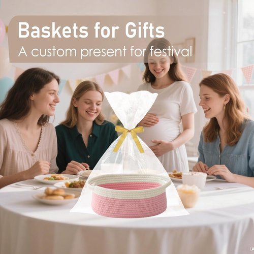 JMvicyroam Woven Basket - Small Rope Storage Bin with Handles & Ribbon | 2-Pack White & Pink Gift Organizer for Shelves and Closets