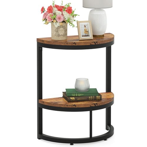Tribesigns End Table Semi Circle, Small Half Round Side Table with Storage Shelf, Wood Accent Table Slim C Table for Sofa Couch, Living Room, Bedroom, Easy Assembly (Rustic Brown & Black, 2-Tier)