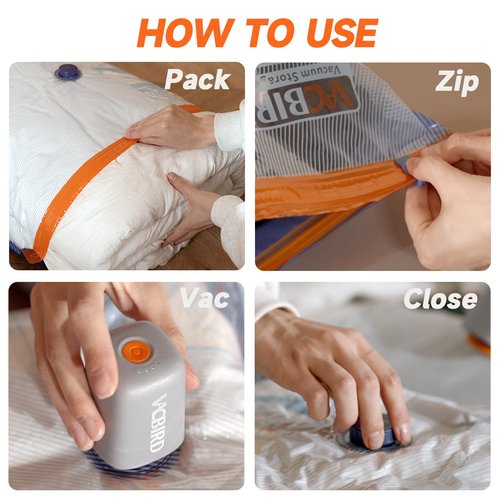 Vacbird Vacuum Storage Bags with Rechargeable Cordless Pump,15 Pack 3 Size Compression Packing Cubes Seal Bags, Space Saver for Clothes and Clothing Blankets Organization Space Saving