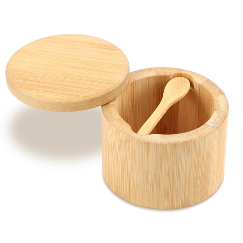 Londehuhai Magnetic Rotating Lid Bamboo Spice Jar with Built in Spoon, 6oz Salt Cellar Small Sal-t Box, Kitchen Salt Pepper Shaker, Easy-Pour Spice Dispenser for Sugar, Herbs, Seasonings(COLOR:Wood)