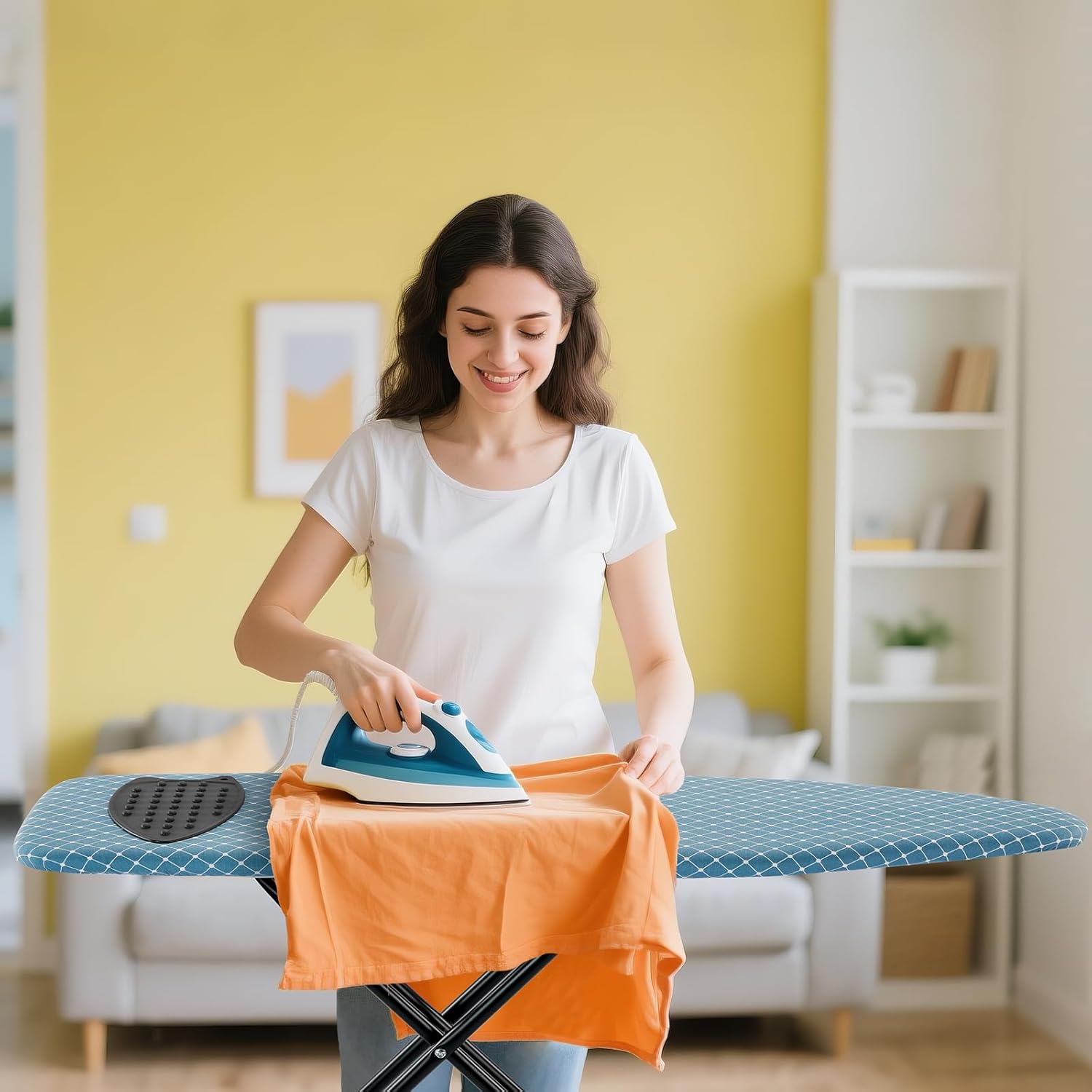 BKTD Compact Ironing Board - Adjustable Height, Heat Resistant Surface | Space-Saving Design, 13 x 43 Inches, Diagonal Checkered Blue