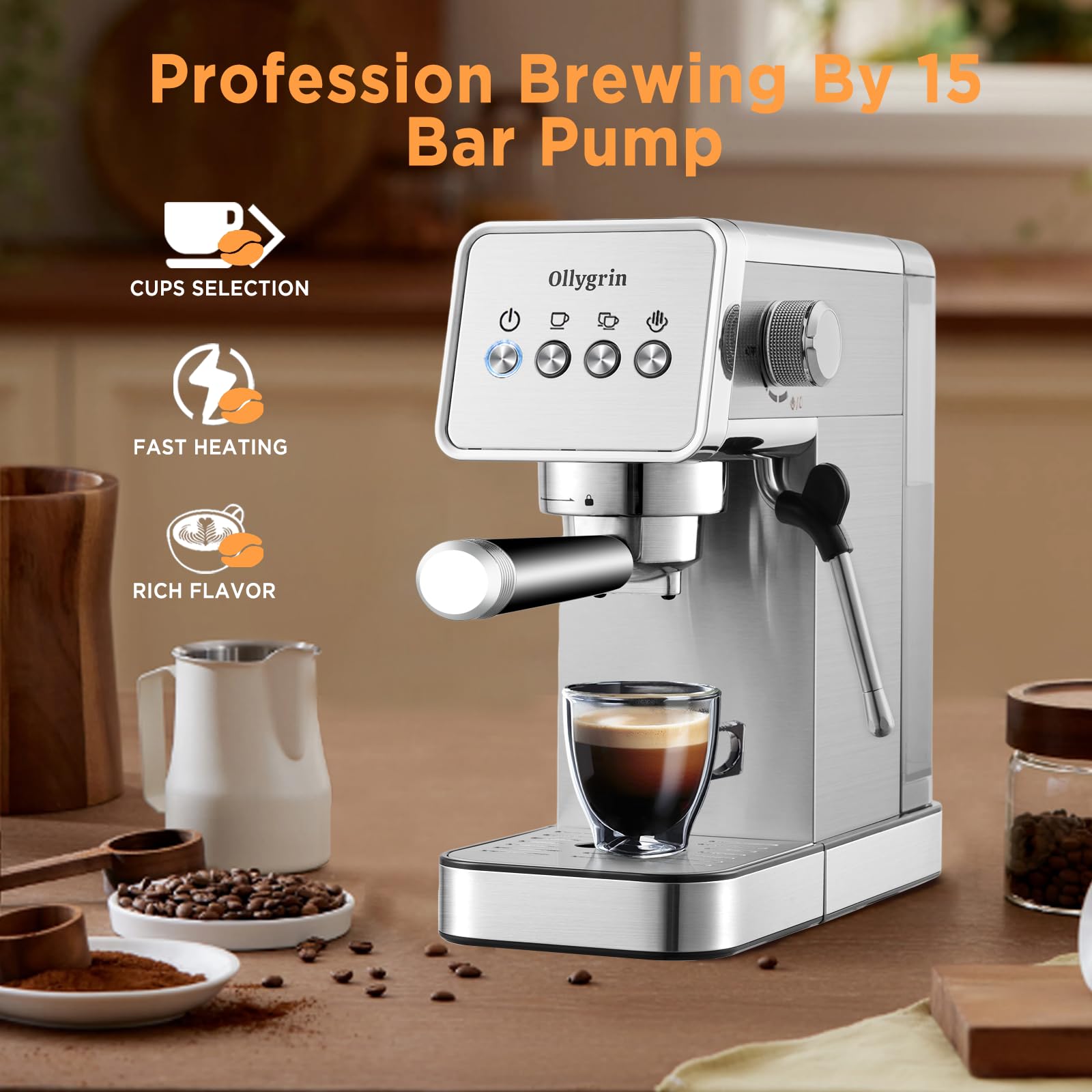 Ollygrin Espresso Machine,15 Bar Semi-Automatic Espresso Maker with Milk Frother,Compact Stainless Steel Coffee Machine with 40oz Removable Water Tank for Cappuccino,Latte, Americano,Sliver for Home