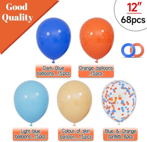 68Pcs Blue & Orange Balloons - 12 Inch Nude & Deep Light Blue Birthday Party Decor