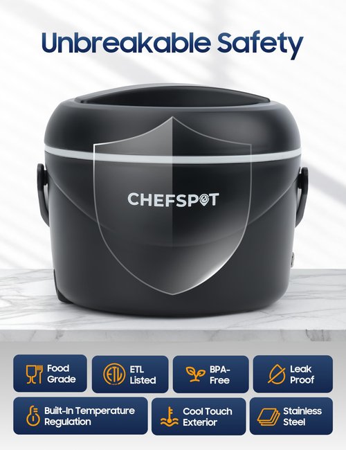 CHEFSPOT Electric Lunch Box, 37oz Portable Food Warmer with 12V/24V Car & 120V Home Plugs, Spill-Proof, BPA-Free, Dishwasher-Safe, No Microwave Needed, with Utensil Set & Carry Bag (Graphite Black)