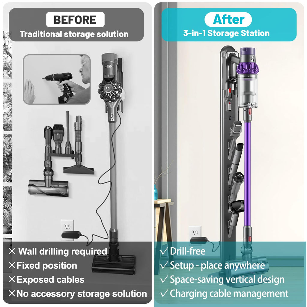 SIOMK Vacuum Stand for Dyson Gen5 V15 V12 V11 V10 V8 V7 V6, No-Drill Standing Dock with Conceal Cables & Space-Saving Design, Stable Metal Organizer for Cordless Cleaner & Attachments, Easy Assembly