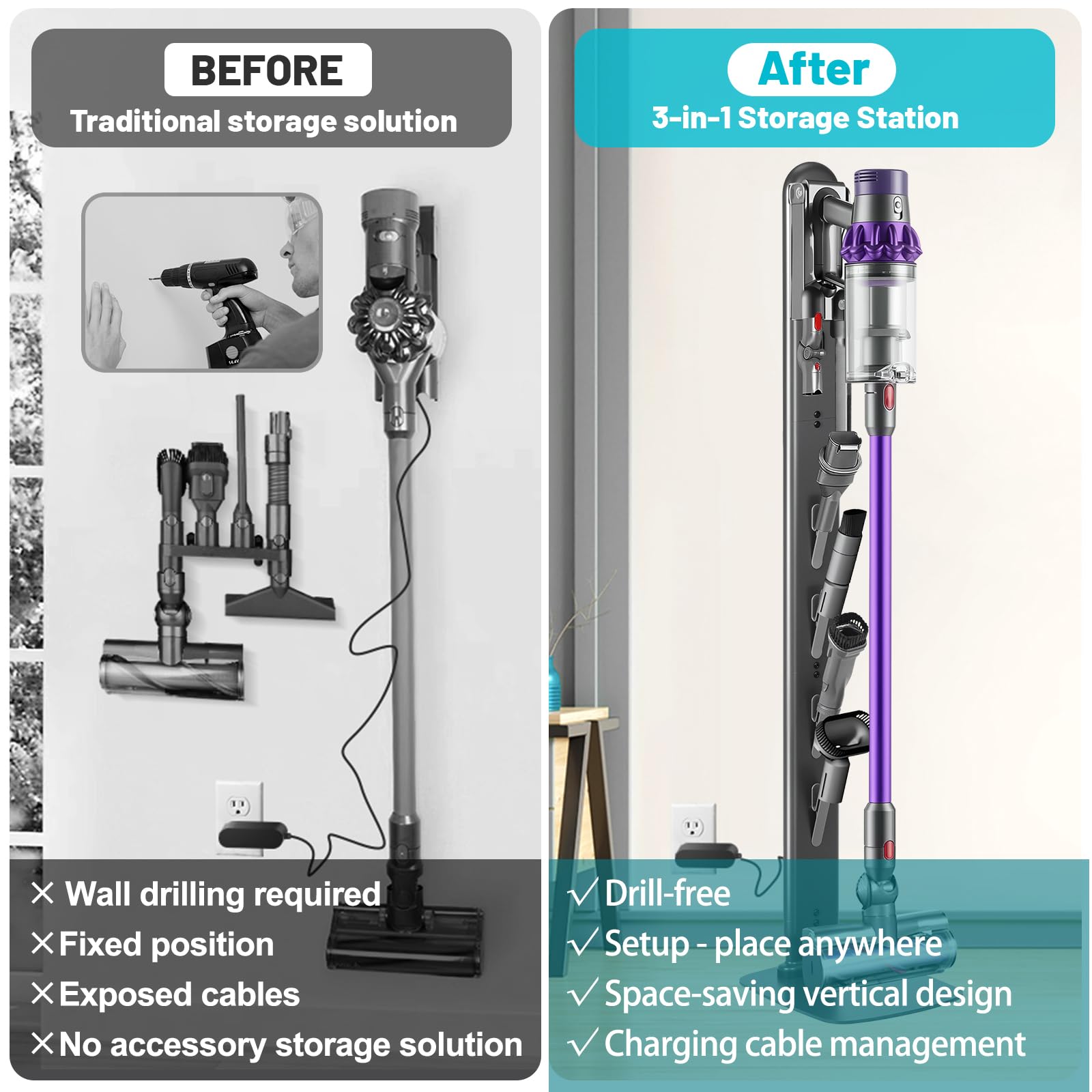 SIOMK Vacuum Stand for Dyson Gen5 V15 V12 V11 V10 V8 V7 V6, No-Drill Standing Dock with Conceal Cables & Space-Saving Design, Stable Metal Organizer for Cordless Cleaner & Attachments, Easy Assembly