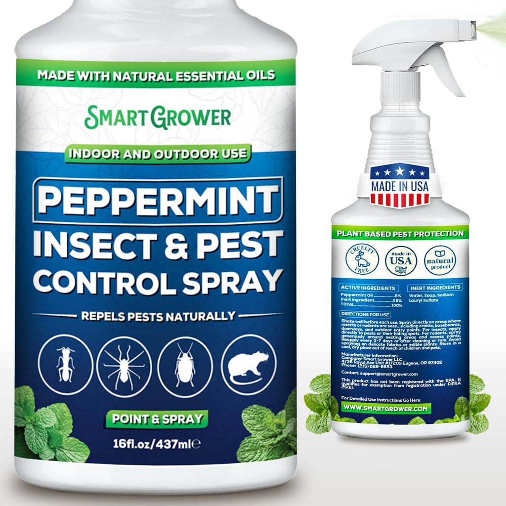 Smart Grower Peppermint Oil Insect & Pest Control Spray - Maximum Strength 16 FL OZ | Repels Mice, Spiders, Ants