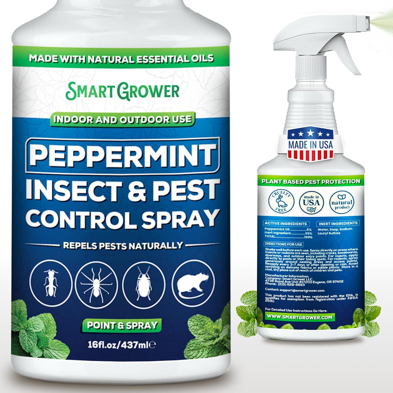 Smart Grower Peppermint Oil Insect & Pest Control Spray - Maximum Strength 16 FL OZ | Repels Mice, Spiders, Ants