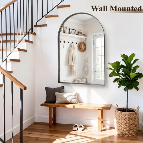 Arch Bathroom Mirror, 30"x48" Wall Mounted Vanity Mirror with Deep Frame, Tempered Glass Decor Mirror for Bathroom, Bedroom, Entryway and Living Room, Hanging or Leaning, Black
