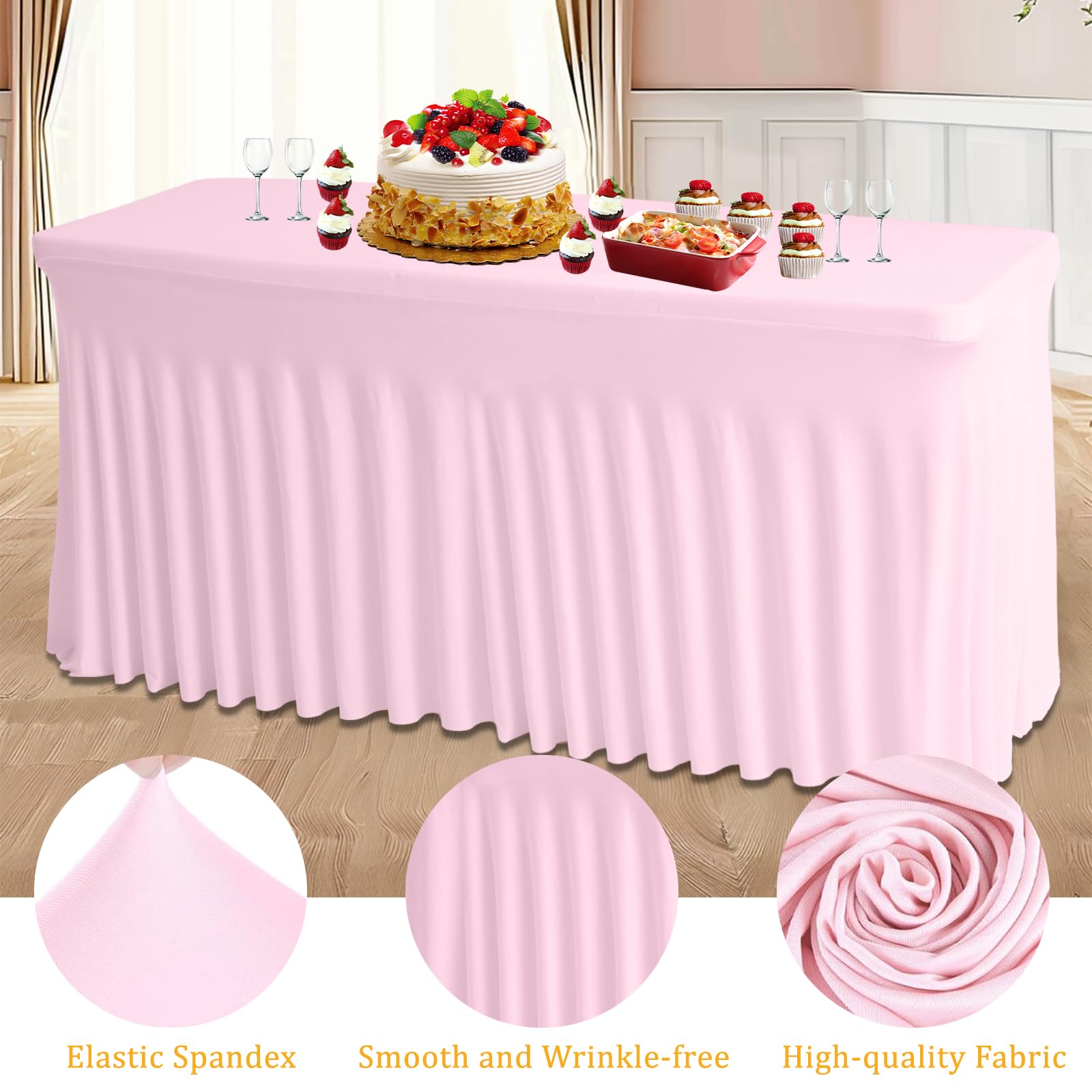 JCJ Table Skirt for Rectangle Tables Set of 2 Spandex Fitted Pink Tablecloths for 6FT Tables, Wrinkle Resistant Ruffles Elastic Table Cover Skirts for Weddings Banquets Parties Teacher Desk