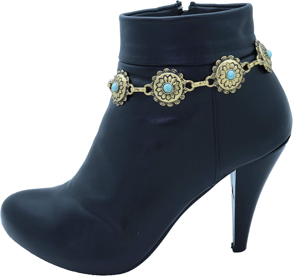 Skiennix Antique Metal Boot Chain Anklet - Western Fashion Jewelry with Turquoise Blue Beads