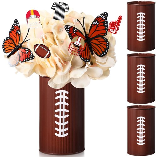 Domensi 3 Pcs Football Table Centerpiece Football Vases Decor Galvanized Metal Vases for Artificial Flowers Rugby Funny Pen Holder Utensil Holder Jars for Kitchen Home Rugby Party Decorations Gifts