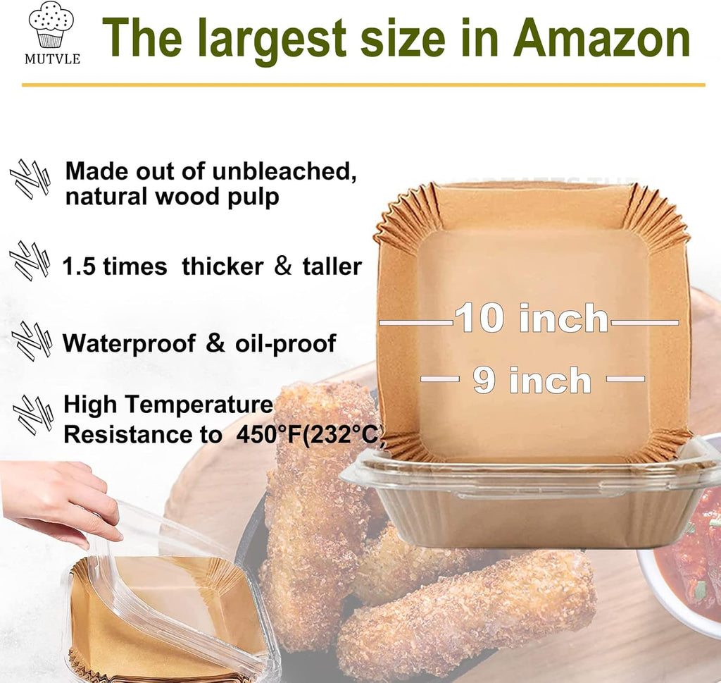 Skiennix 10-Inch Square Air Fryer Parchment Liners - XXL 100-Pack, Non-Stick Food Grade Baking Paper for Frying & Roasting