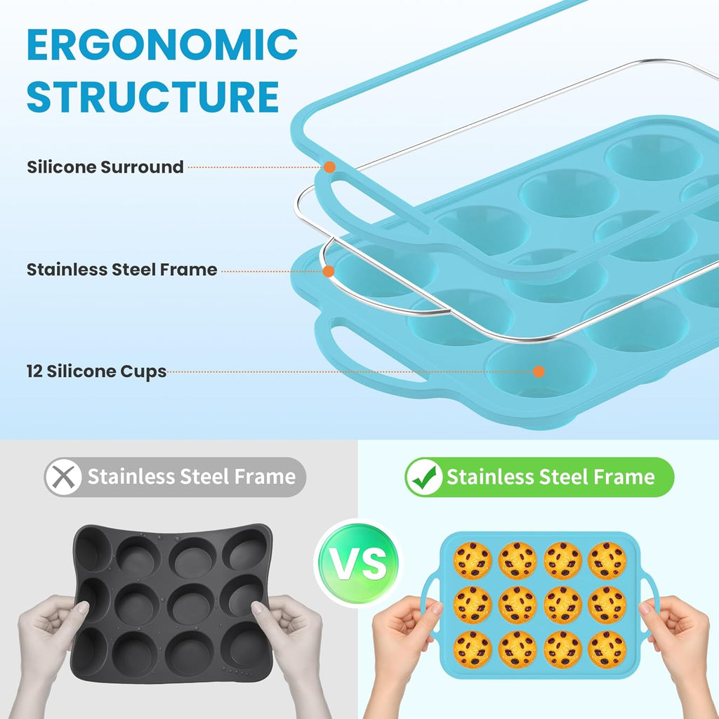 Skiennix Silicone Muffin Pan - 12-Cup Baking Tray with Metal Reinforced Frame, BPA Free - Blue
