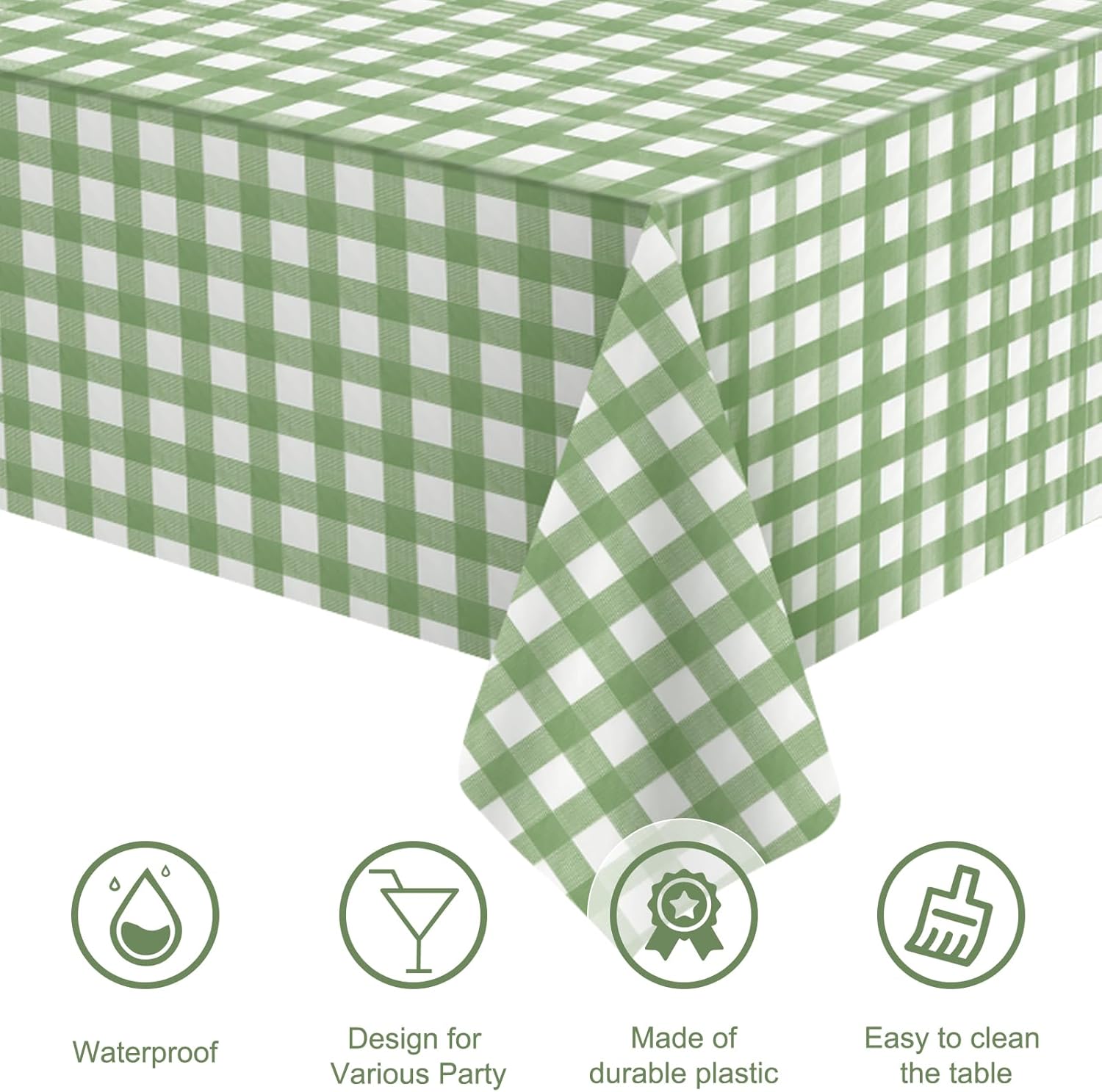 Regine Switzerland Sage Green Gingham Tablecloth - Disposable Plastic Checkered Cover for Parties | 54 x 108 Inch