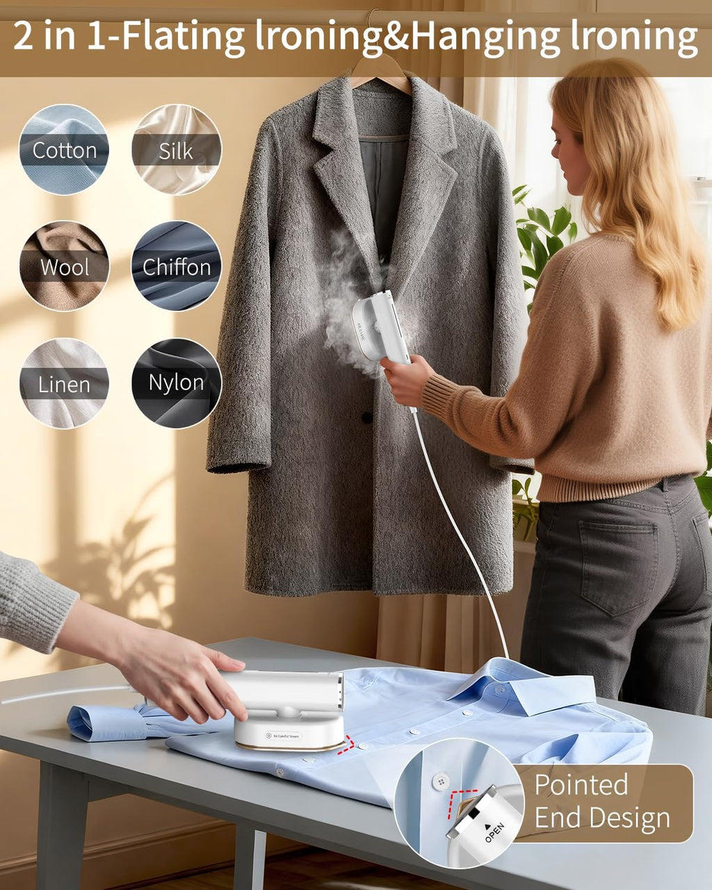 Skiennix 2-in-1 Handheld Clothes Steamer - 1200W Fast Wrinkle Removal, Portable & Travel-Friendly - White