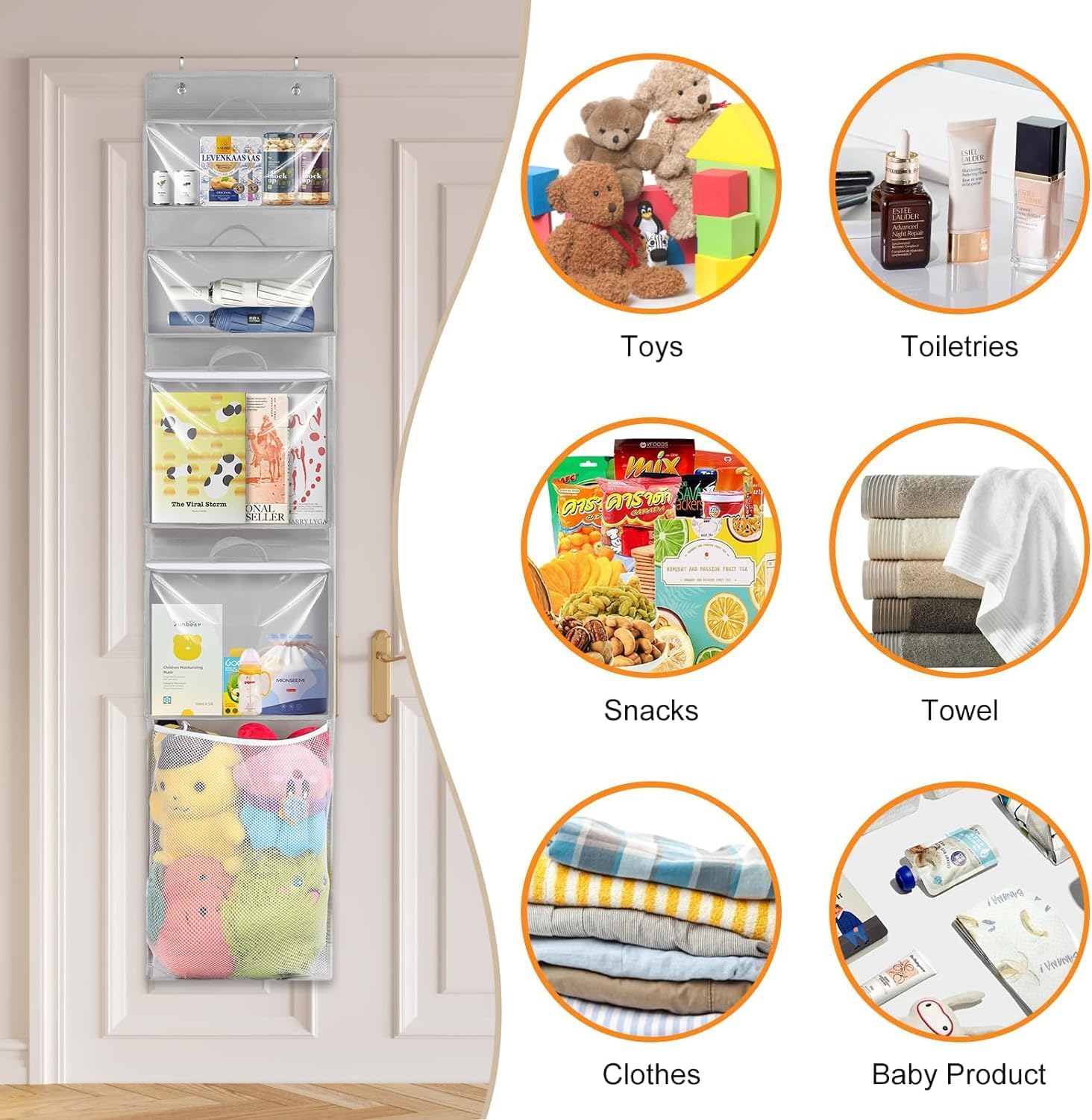 Woodoulogy Hanging Toy Storage - Over Door Stuffed Animal Organizer with 4 Removable Bags | Bi-Fold Closet Holder