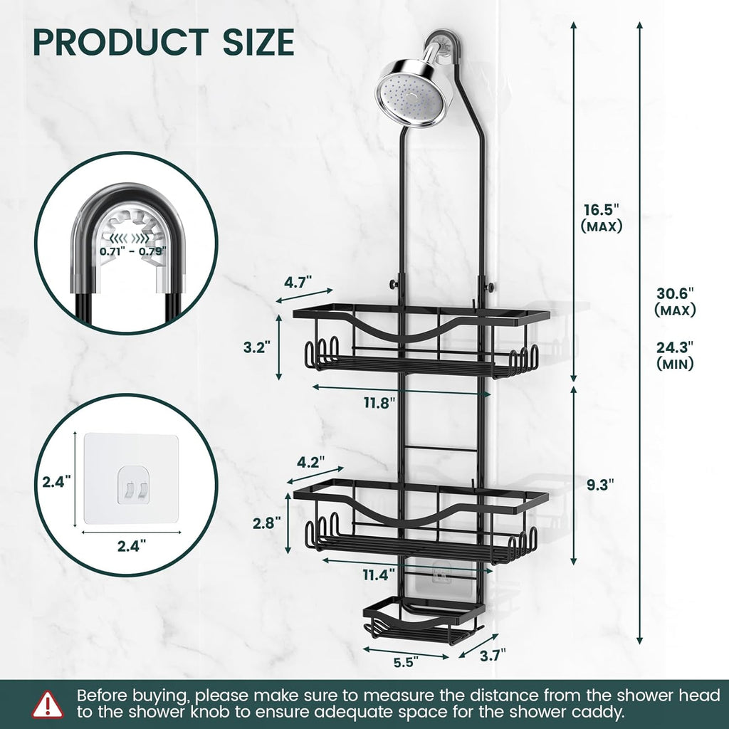 Shower Caddy - Adjustable Rustproof Organizer with Hooks | Large Capacity Black Shower Storage