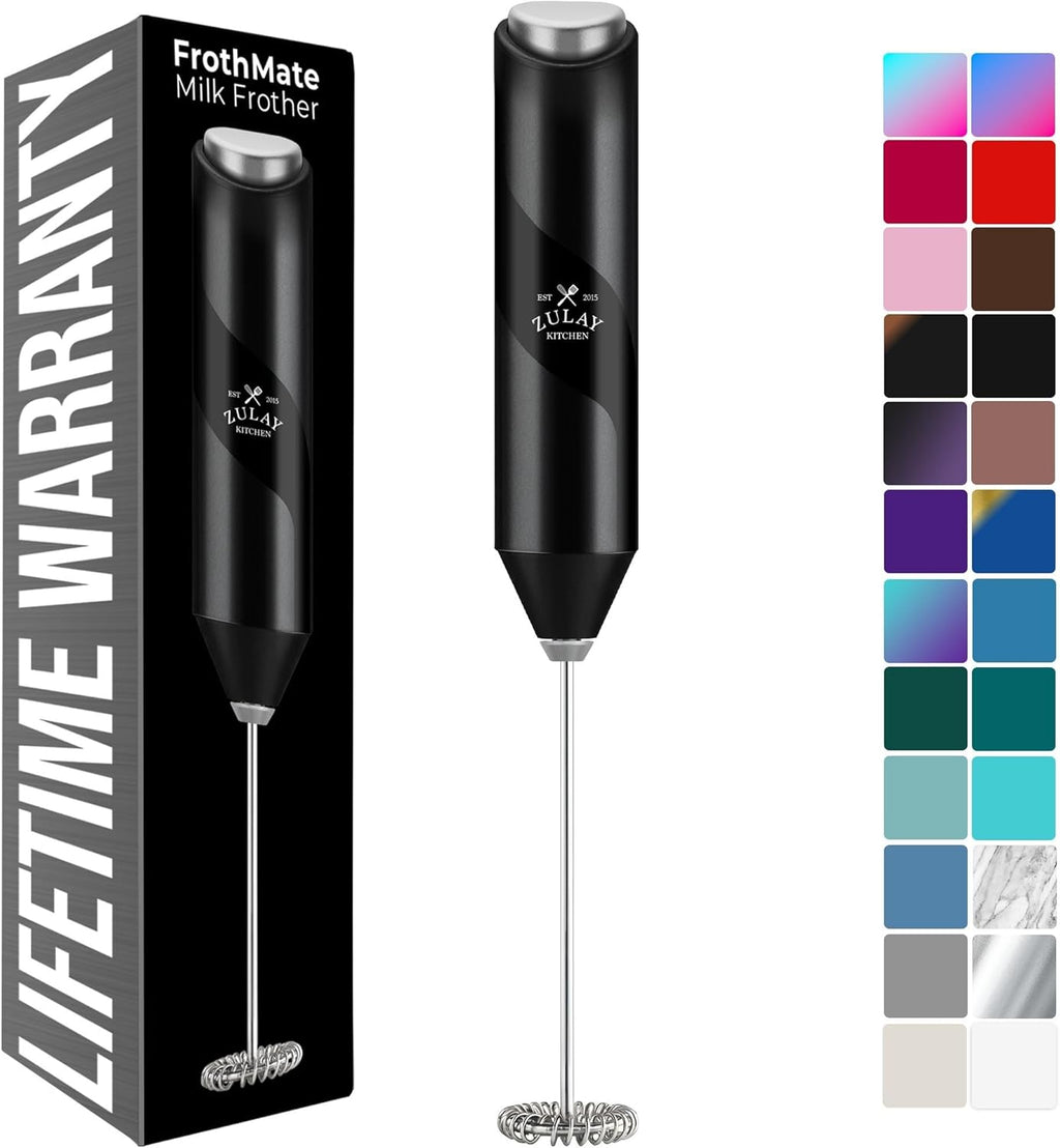 Zulay Kitchen Milk Frother Wand - Powerful Handheld Stainless Steel Mixer for Coffee, Lattes & More - Midnight Black