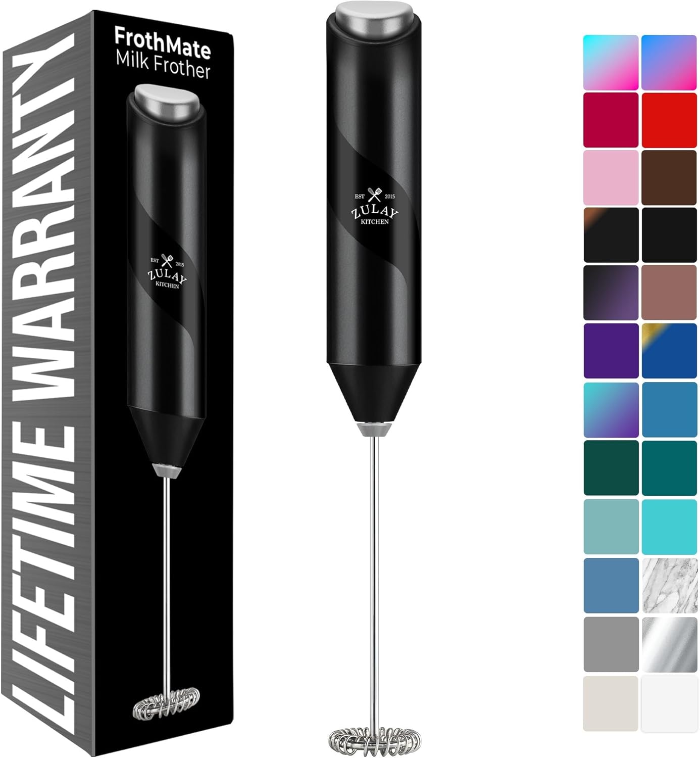 Zulay Kitchen Milk Frother Wand - Powerful Handheld Stainless Steel Mixer for Coffee, Lattes & More - Midnight Black