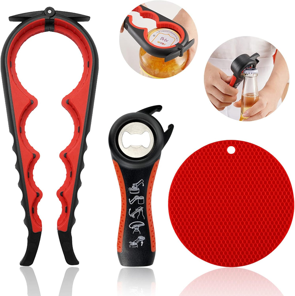 Skiennix Jar Opener - 5-in-1 Multi-Function Tool for Weak Hands & Arthritis - Non-Slip Grip Pad (Red)