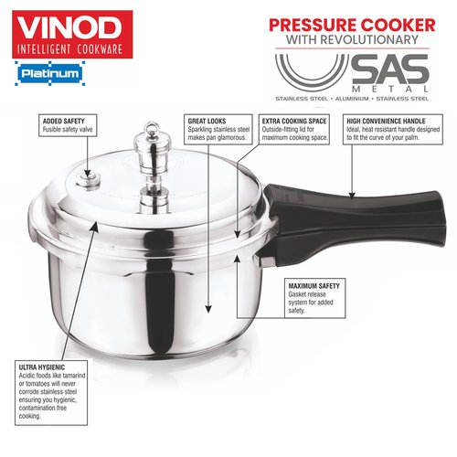 Vinod Platinum Triply Stainless Steel Outer Lid Pressure Cooker102 oz Capacity - ISI Certified, Silver, Induction Friendly, Pressure Cooker for Home Cooking