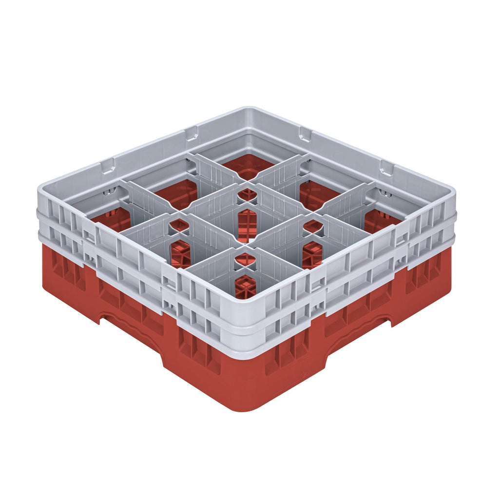 Restaurantware Clean Tek Professional 9 Compartment Glass Rack,1 Heavy Duty Durable Tray, With 1 Full Drop Extender and 1 Half Drop Extender, Red Glass Holder For Restaurants, Bars, and Pubs