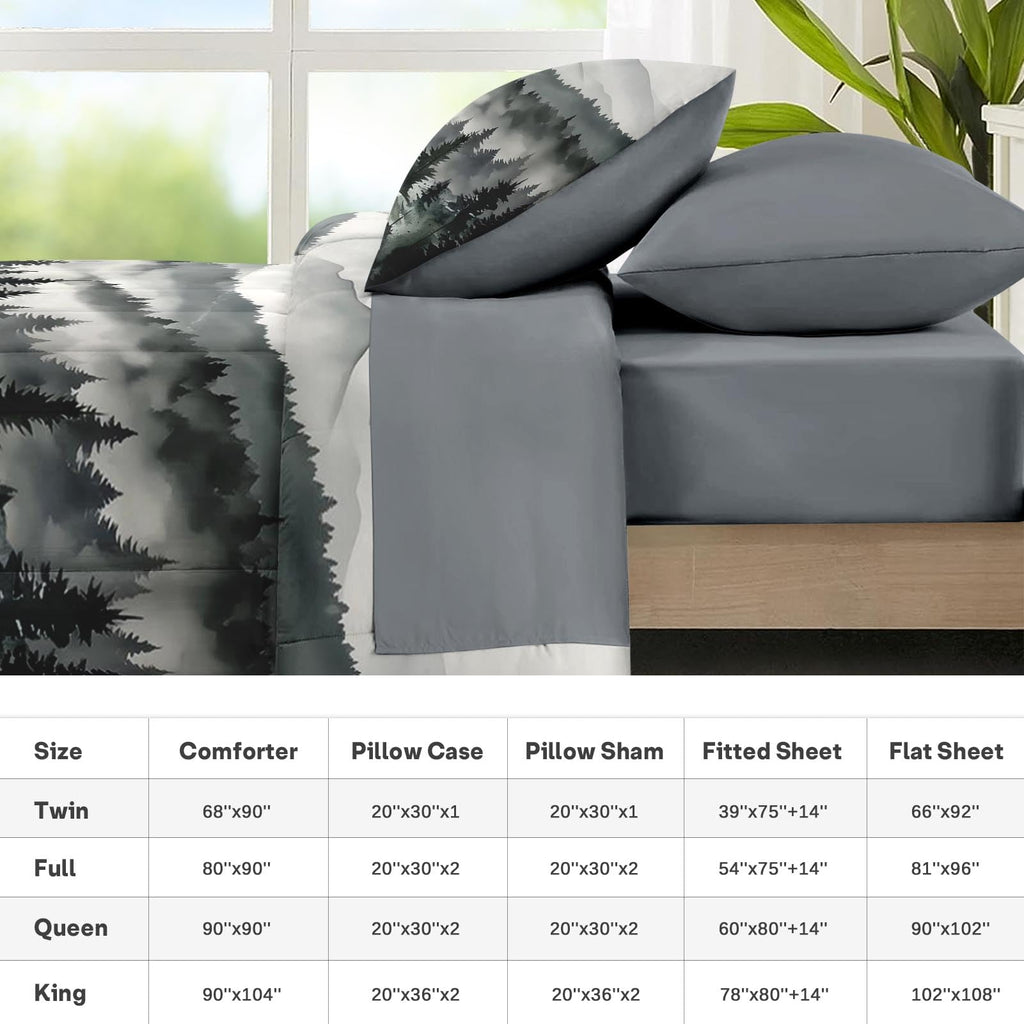 Nesker Comforter Set Queen Size, Ink Forest 7 Pcs Bedding for Kids and Adults, Misty Mountains Bed Sheet Sets with Fitted Sheet 2 Pillowcases & 2 Shams