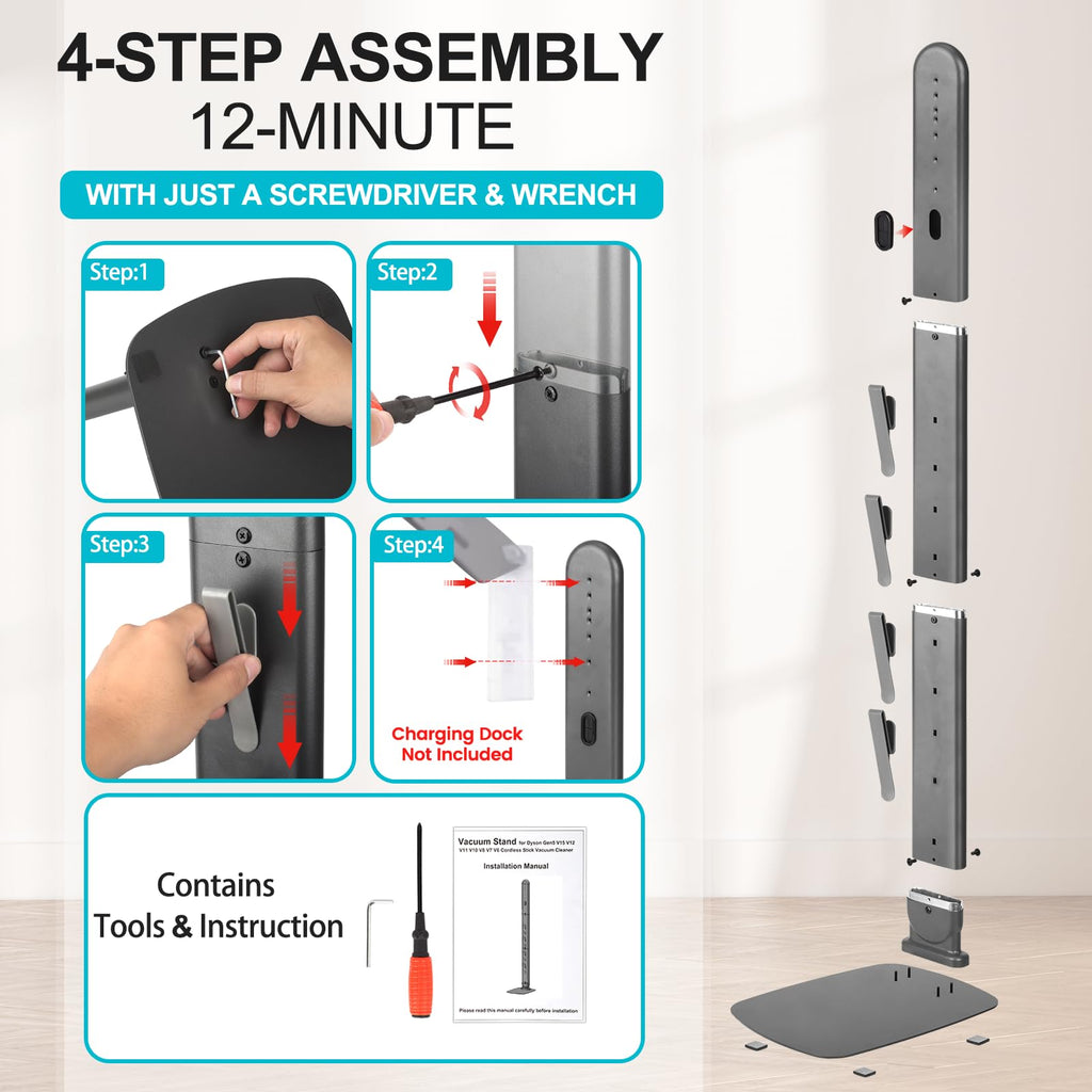 SIOMK Vacuum Stand for Dyson Gen5 V15 V12 V11 V10 V8 V7 V6, No-Drill Standing Dock with Conceal Cables & Space-Saving Design, Stable Metal Organizer for Cordless Cleaner & Attachments, Easy Assembly
