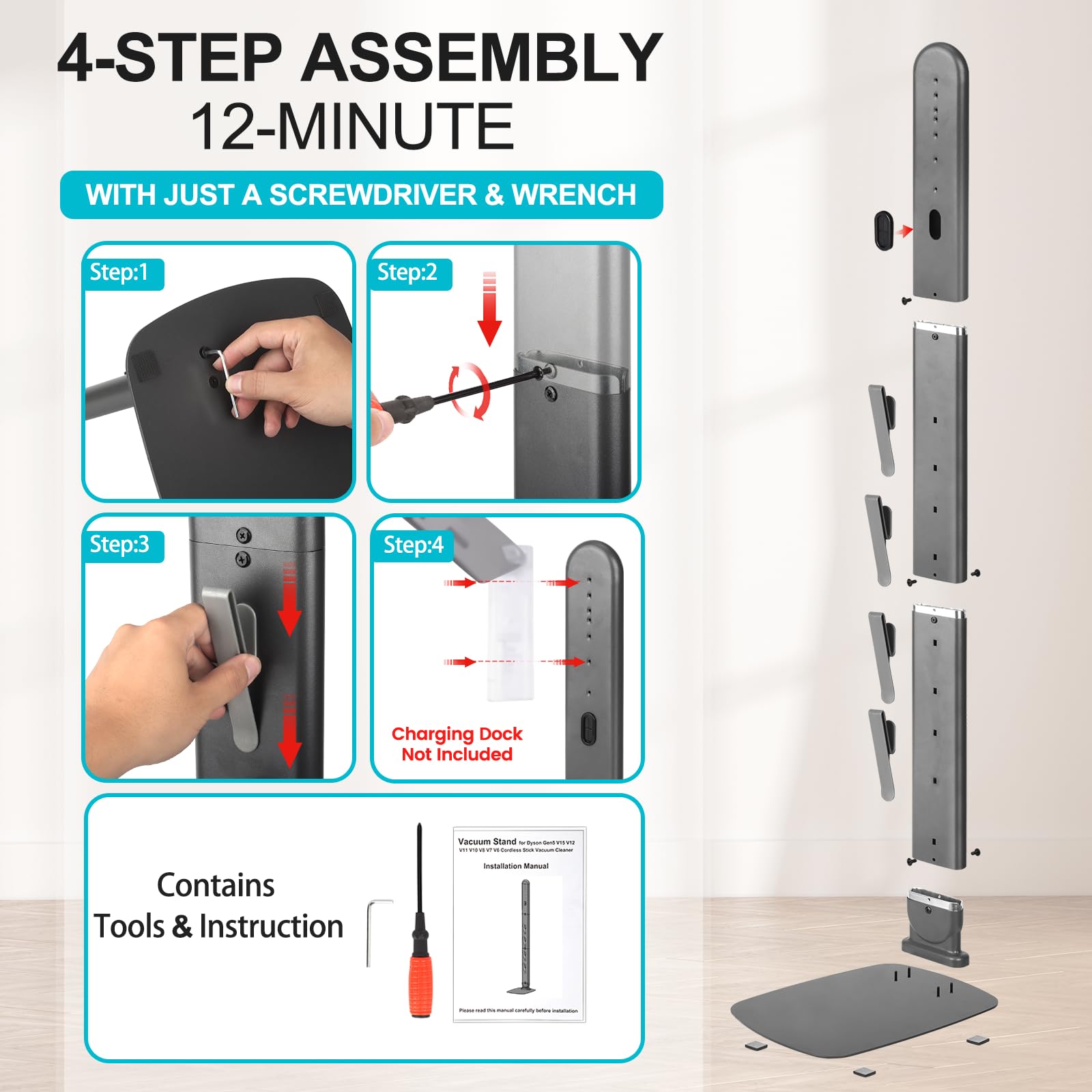 SIOMK Vacuum Stand for Dyson Gen5 V15 V12 V11 V10 V8 V7 V6, No-Drill Standing Dock with Conceal Cables & Space-Saving Design, Stable Metal Organizer for Cordless Cleaner & Attachments, Easy Assembly