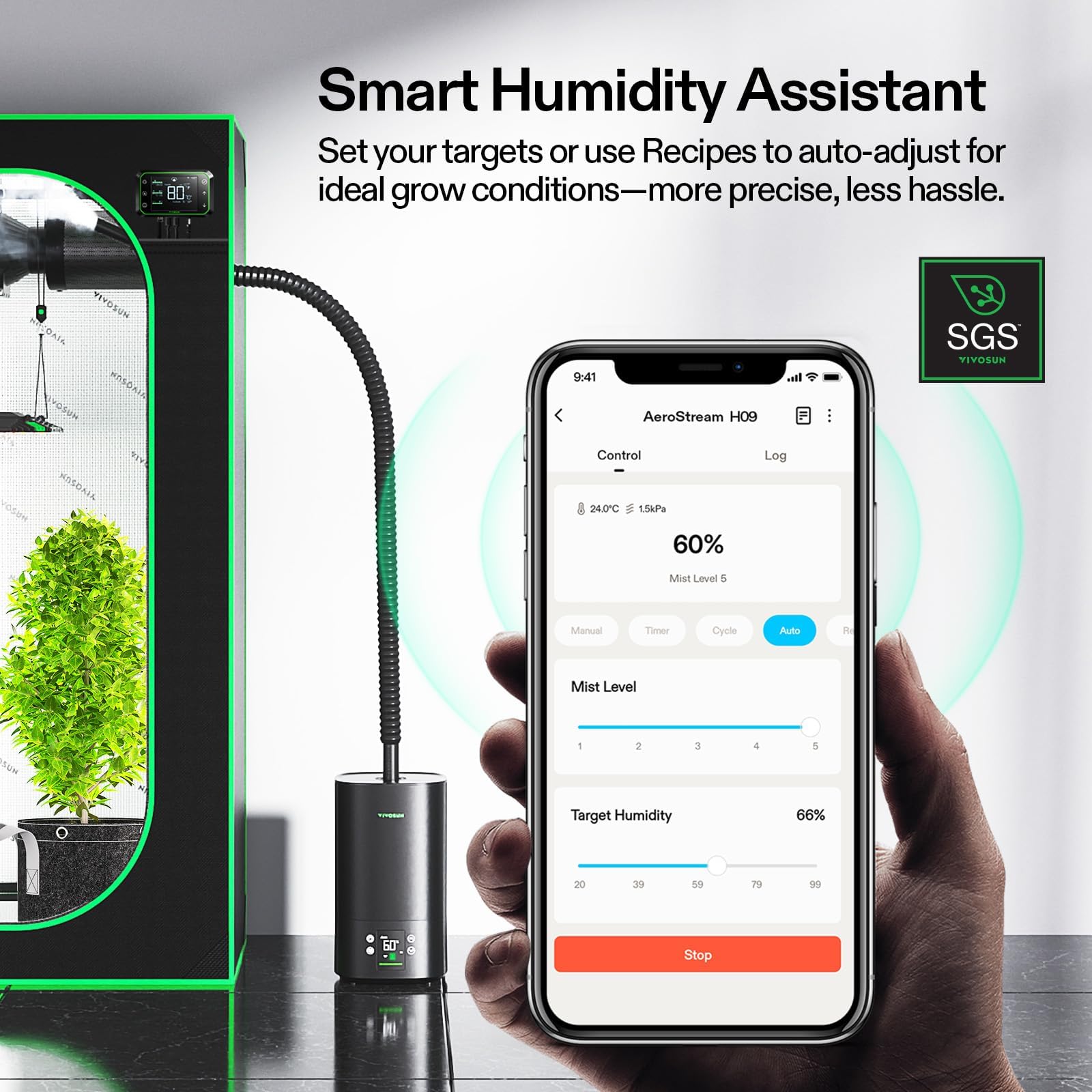 VIVOSUN AeroStream H05 Intelligent Wi-Fi Humidifier, 1.32 Gal / 5 L Humidifier with Temp & Humidity Probe, Smart Remote Control, Designed for Growers