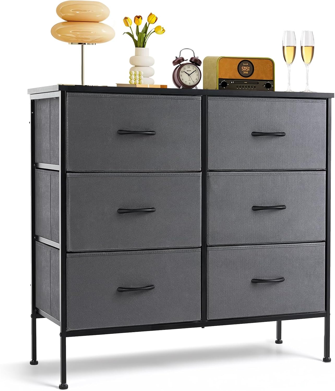 Skiennix 6-Drawer Dresser - Stylish Anti-Tip Storage Organizer with Wooden Top & Metal Frame | Gray