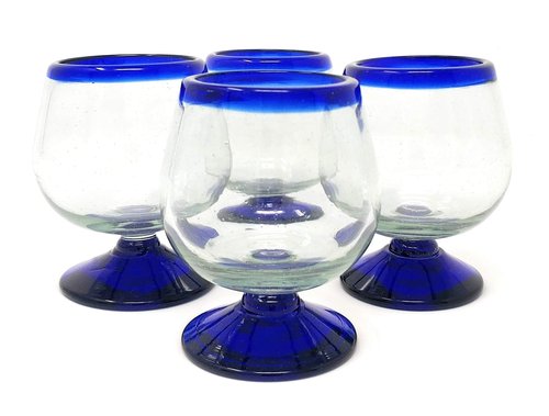 Mexican Hand Blown Glass – Set of 4 Hand Blown Cognac Snifter Glasses - Cobalt Blue Rim