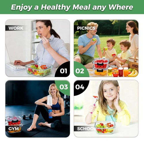 Hoenjuno 27 oz Glass Food Storage Containers with lids, 4 Pack Square Sandwich Containers/Box for Meal Prep, 3.3 Cup Glass Meal Prep Containers, Microwave, Oven, Freezer and Dishwasher, BPA-free
